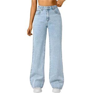 Women Wide Straight Leg High Waisted Jeans Light Blue